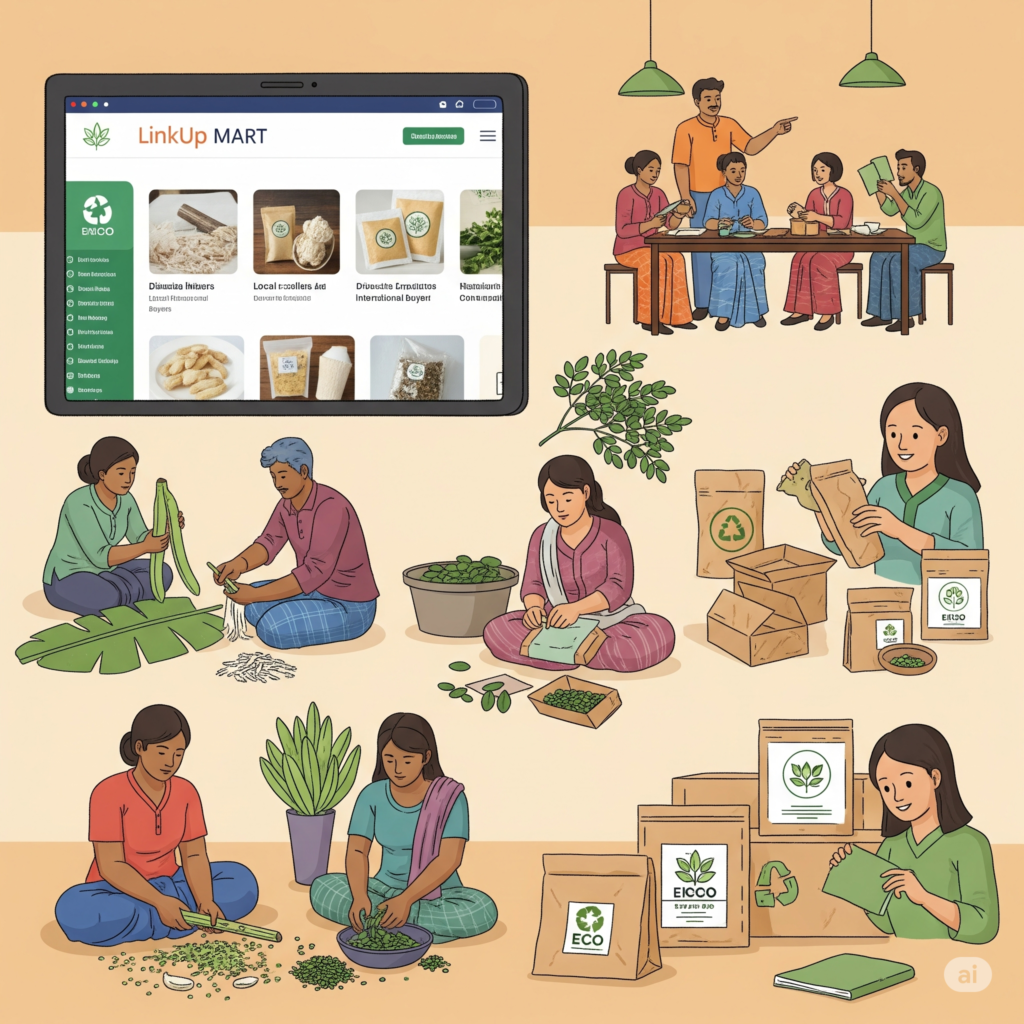 An illustration of a rural Bangladeshi community enterprise turning agricultural waste into packaged goods, with a tablet displaying their 'LinkUp MART' online store, connecting them to buyers.